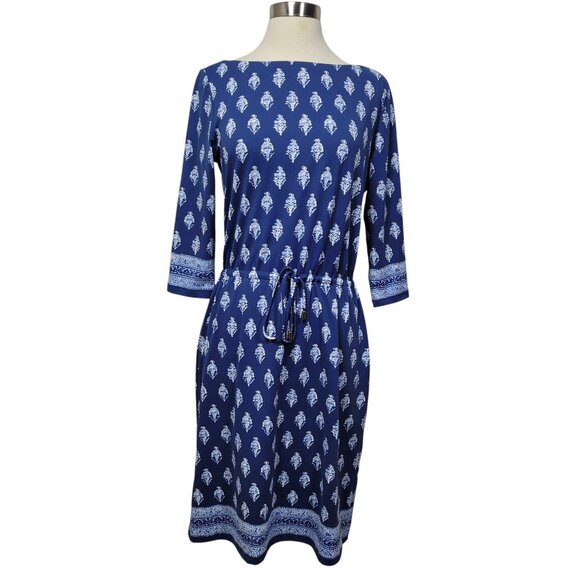 J. McLaughlin Women's Boat Neck Jersey Knit Drawstring Dress Blue White Size Med - Picture 1 of 9